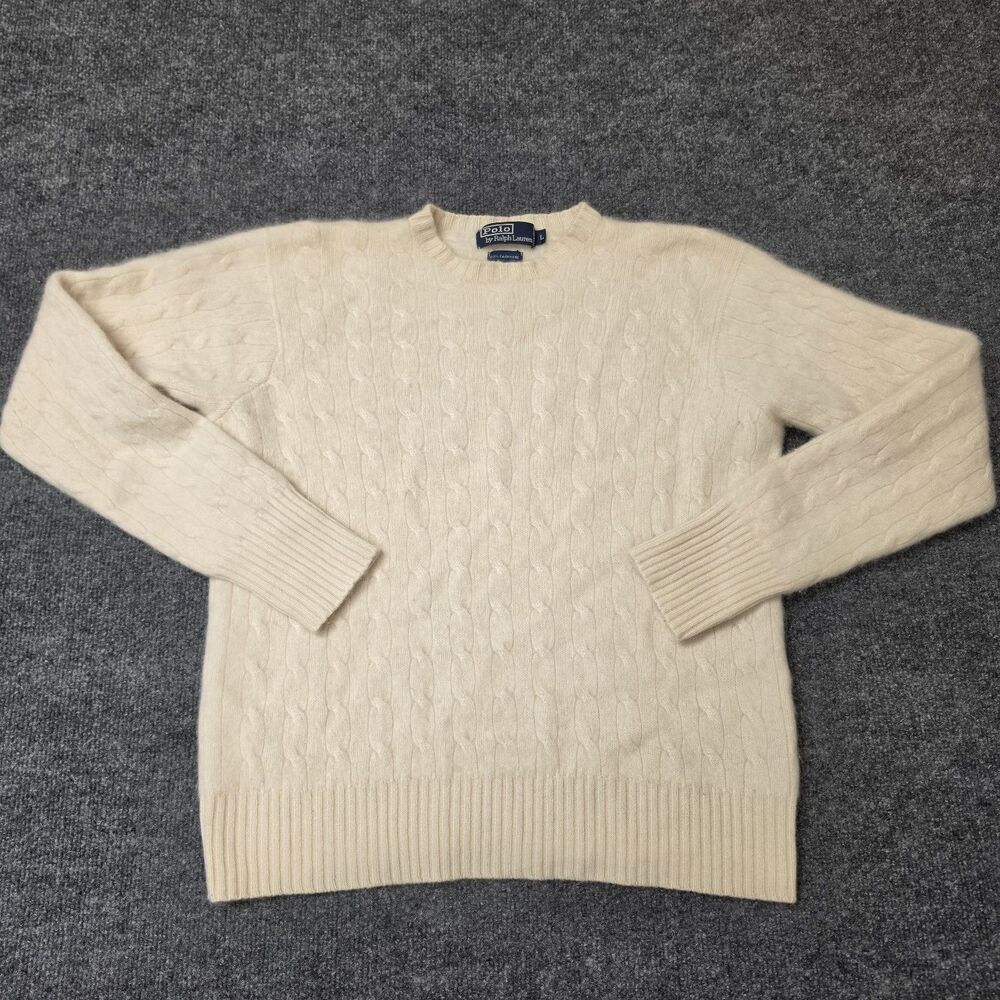 Vintage Polo Ralph Lauren 100% Cashmere Cable Knit Fisherman Sweater Ivory Sz L
